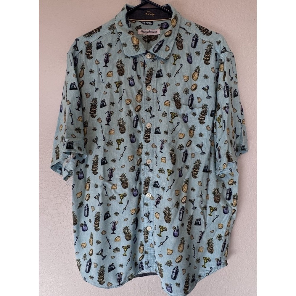 Tommy Bahama Shirt Mens XL Aqua Cocktail Pineapple Short Sleeve Button Up